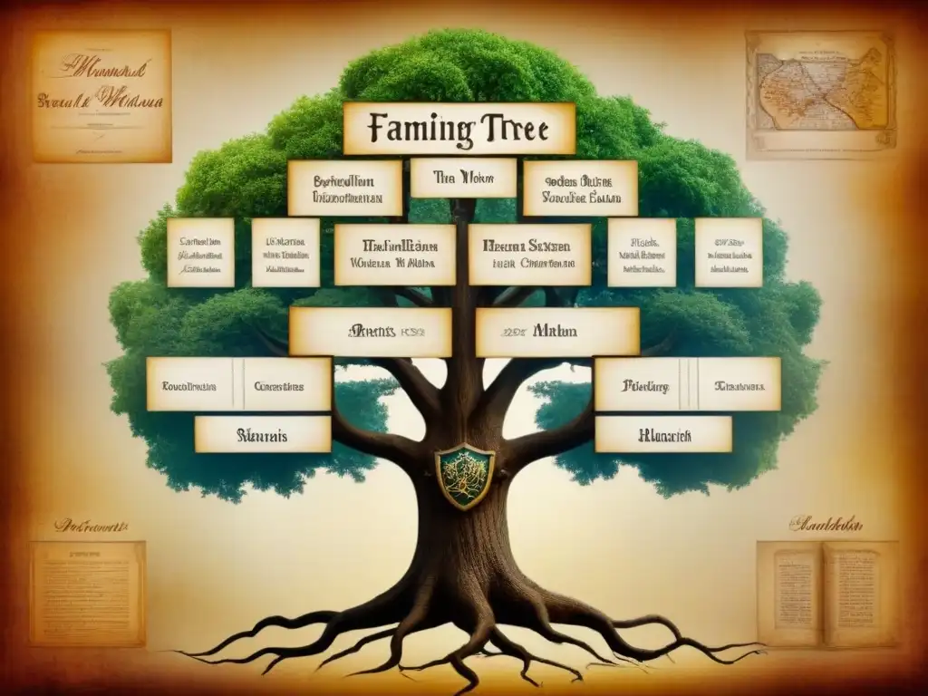 Intrincado árbol genealógico con historia de apellidos en genealogía: pergamino antiguo, nombres de diferentes épocas, elementos simbólicos