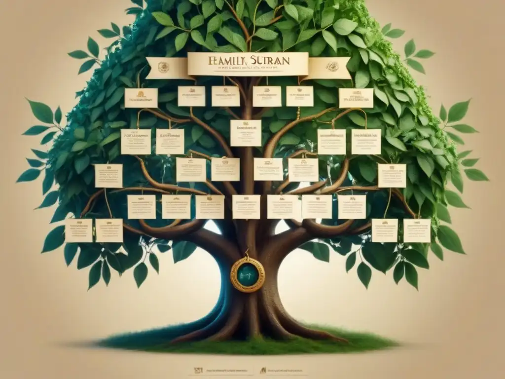 Intrincado árbol genealógico ilustrado, evolución de apellidos en genealogía medieval