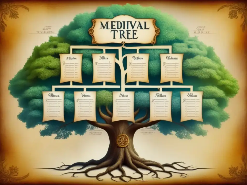 Intrincado árbol genealógico medieval en pergamino, detallando la evolución de apellidos y linajes con caligrafía antigua