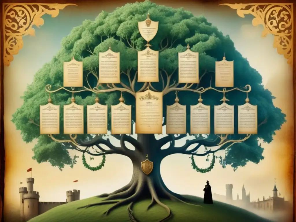 Intrincado árbol genealógico medieval ilustrado en pergamino con castillo al fondo, evocando la historia de apellidos en la Guerra de los Cien Años