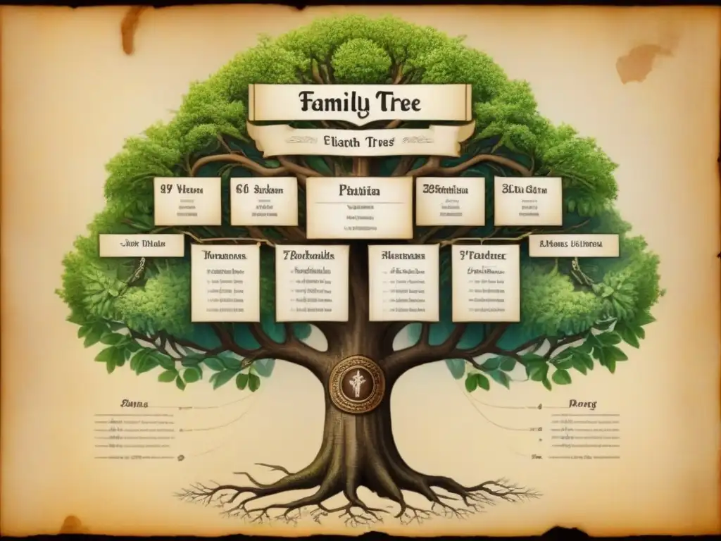 Intrincado árbol genealógico en pergamino envejecido con nombres y fechas, evocando historia de apellidos y linajes