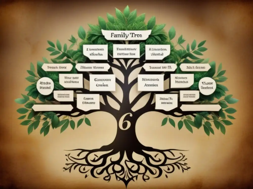 Intrincado árbol genealógico en pergamino antiguo con caligrafía delicada, ideal para artículo sobre herramientas genealogía comparativa expertos