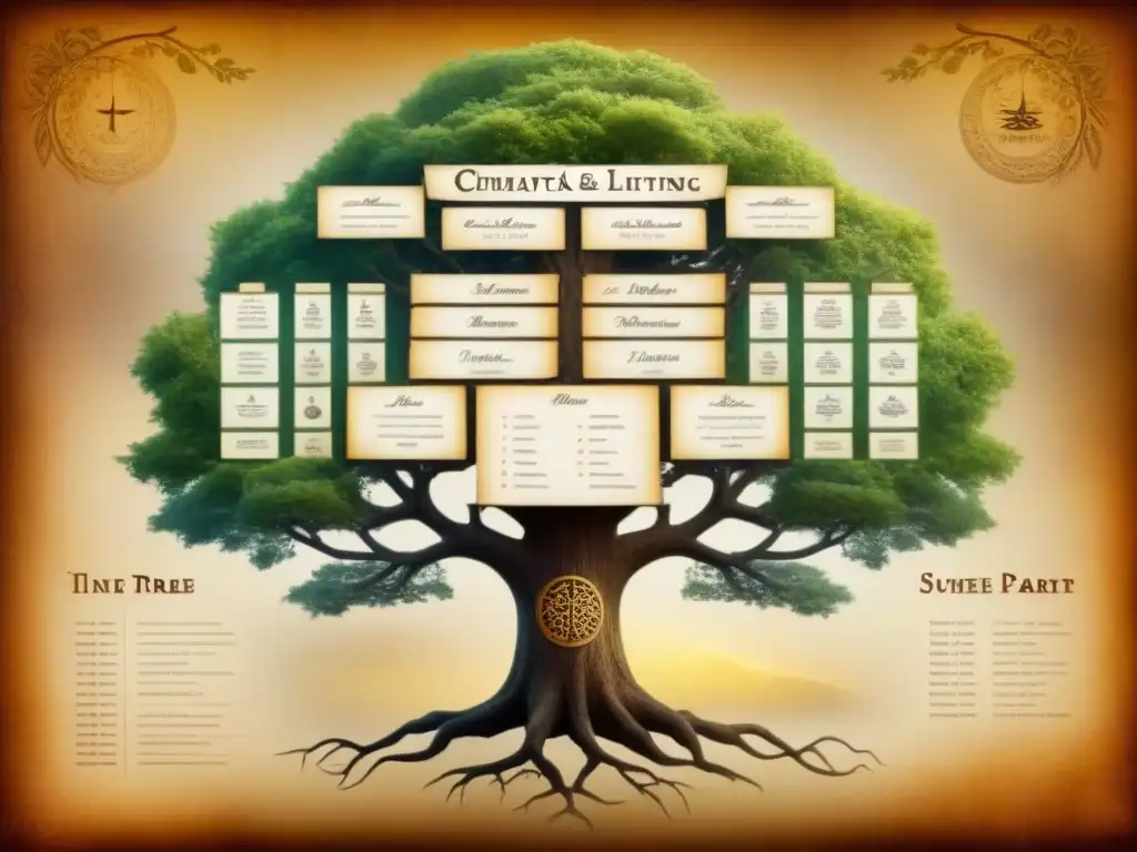 Intrincado árbol genealógico en pergamino amarillento y caligrafía delicada, simbolizando la importancia de apellidos en sociedades antiguas