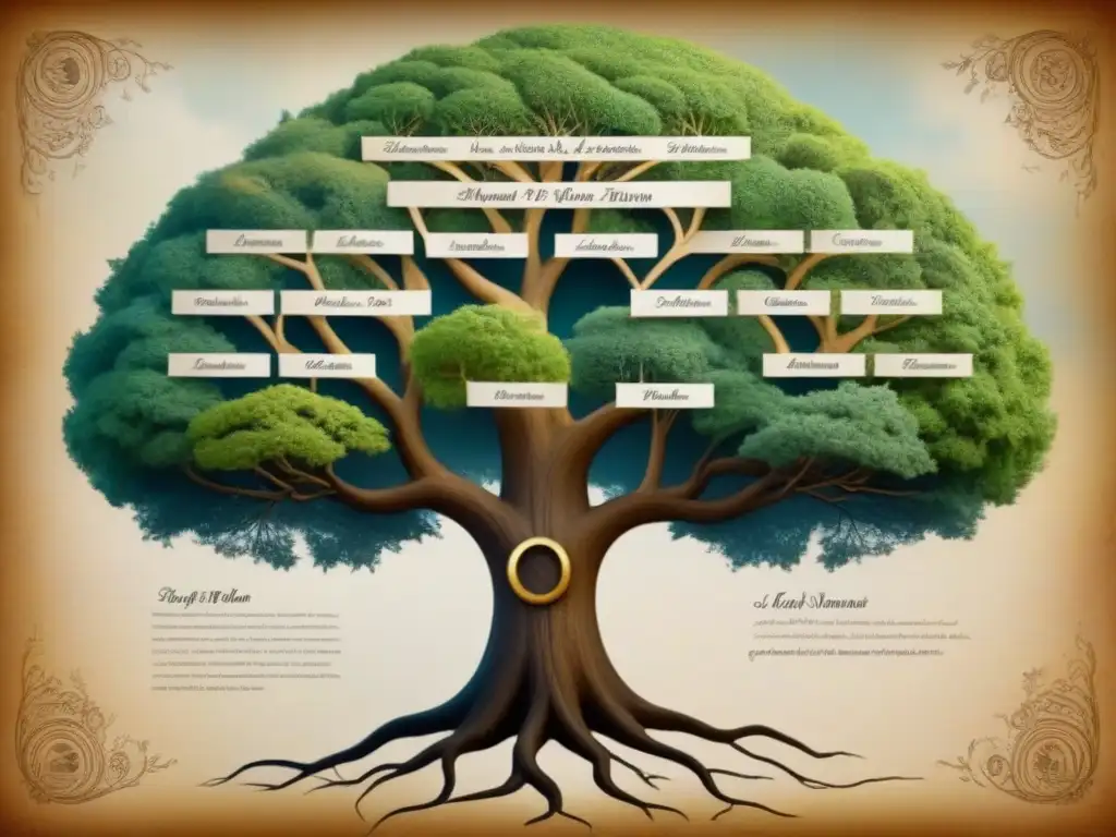 Intrincado árbol genealógico en tonos sepia sobre un antiguo mapa, simbolizando el origen y evolución de apellidos a lo largo de generaciones