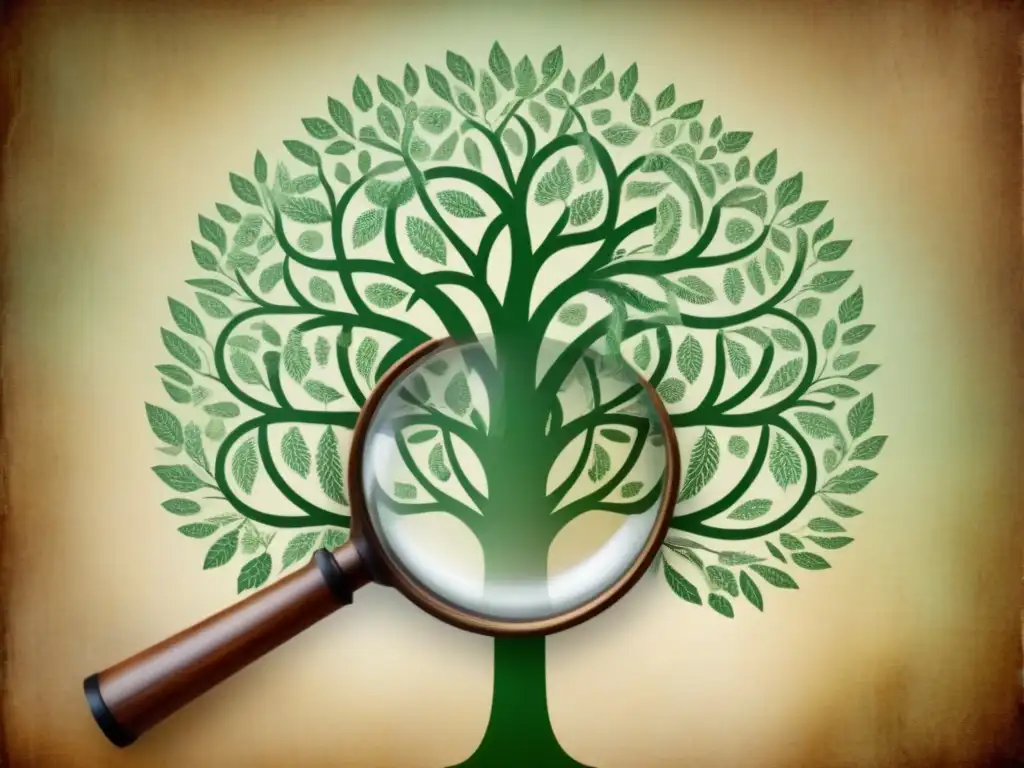 Intrincado árbol genealógico con ADN y lupa, en tonos sepia y verdes, evocando el origen de apellidos con marcadores genéticos