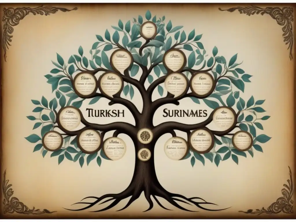 Intrincado árbol genealógico turco vintage detallando la evolución de apellidos turcos a lo largo de los siglos, con caligrafía ornamental y símbolos históricos entrelazados en ramas que unen diferentes nombres