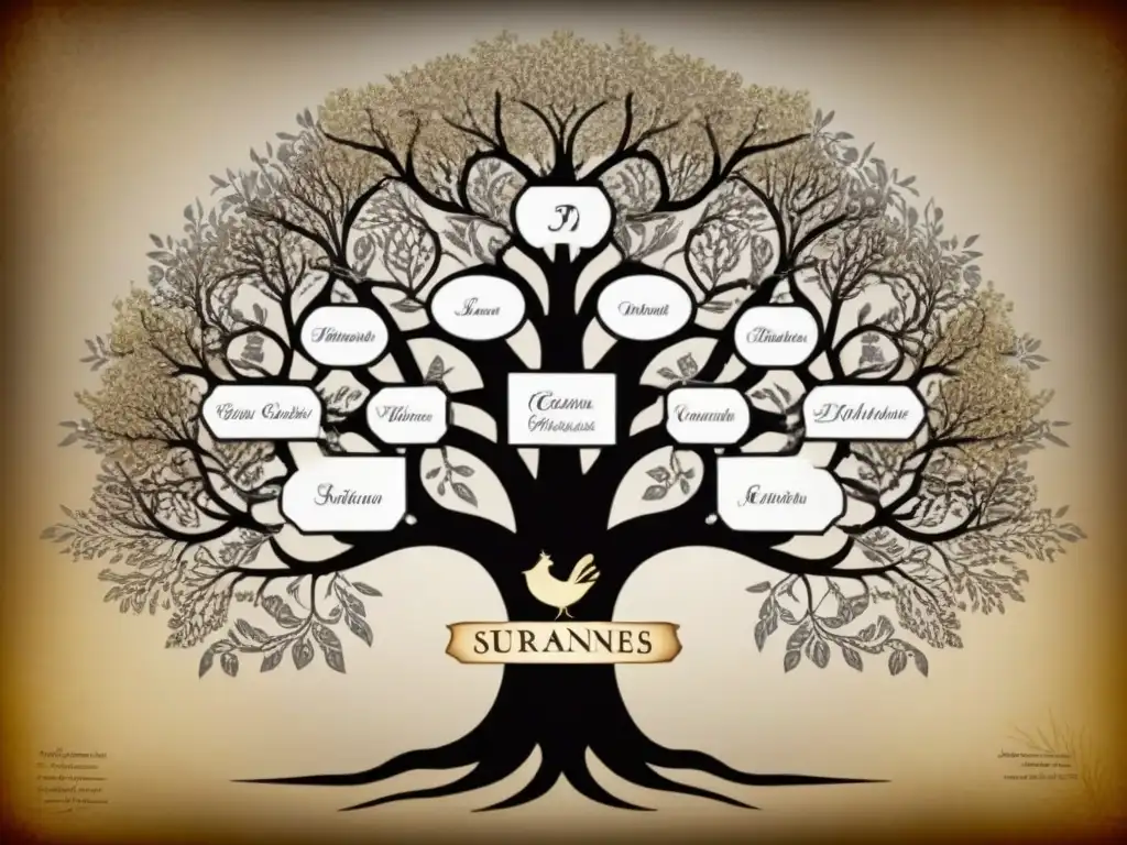 Intrincado árbol genealógico vintage mostrando la evolución de apellidos a lo largo del tiempo en tonos sepia envejecidos