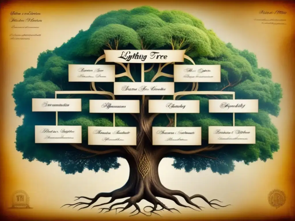 Intrincado árbol genealógico vintage con historia de apellidos, conflictos y alianzas entrelazados en una compleja red de relaciones