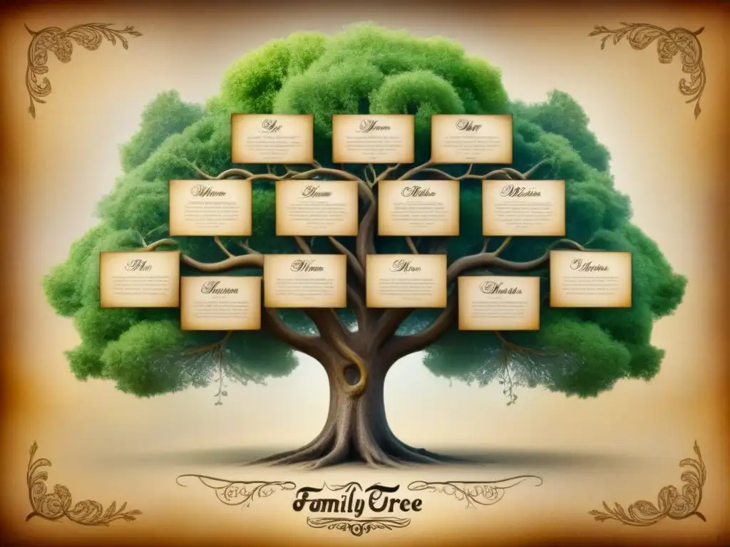 Intrincado árbol genealógico vintage con nombres de familia entrelazados en caligrafía ornamental sobre pergamino envejecido