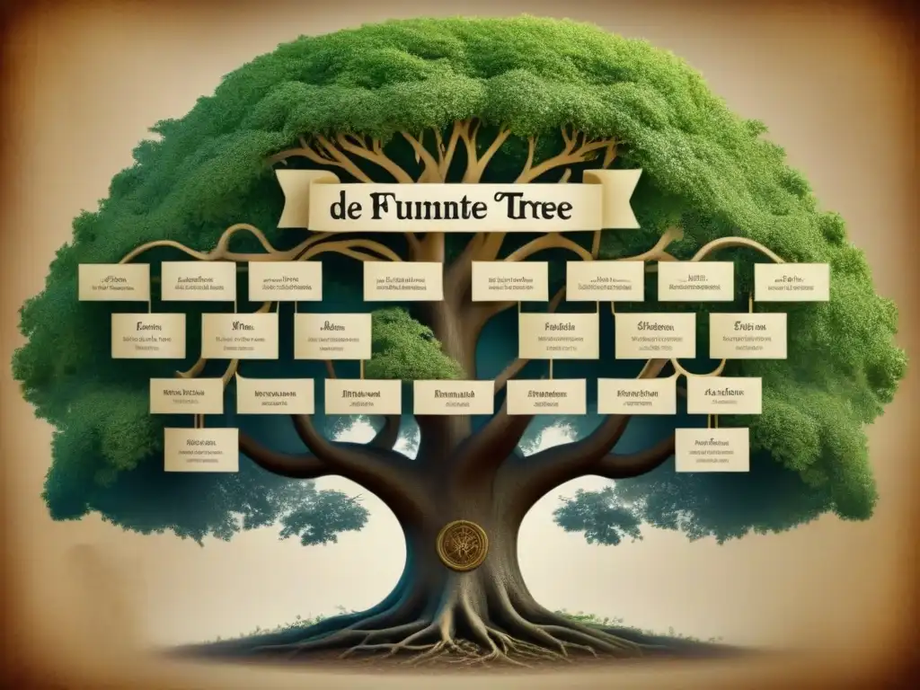 Intrincado árbol genealógico vintage con el apellido De la Fuente en el centro, revelando conexiones sorprendentes con figuras históricas y parientes lejanos en un diseño elaborado