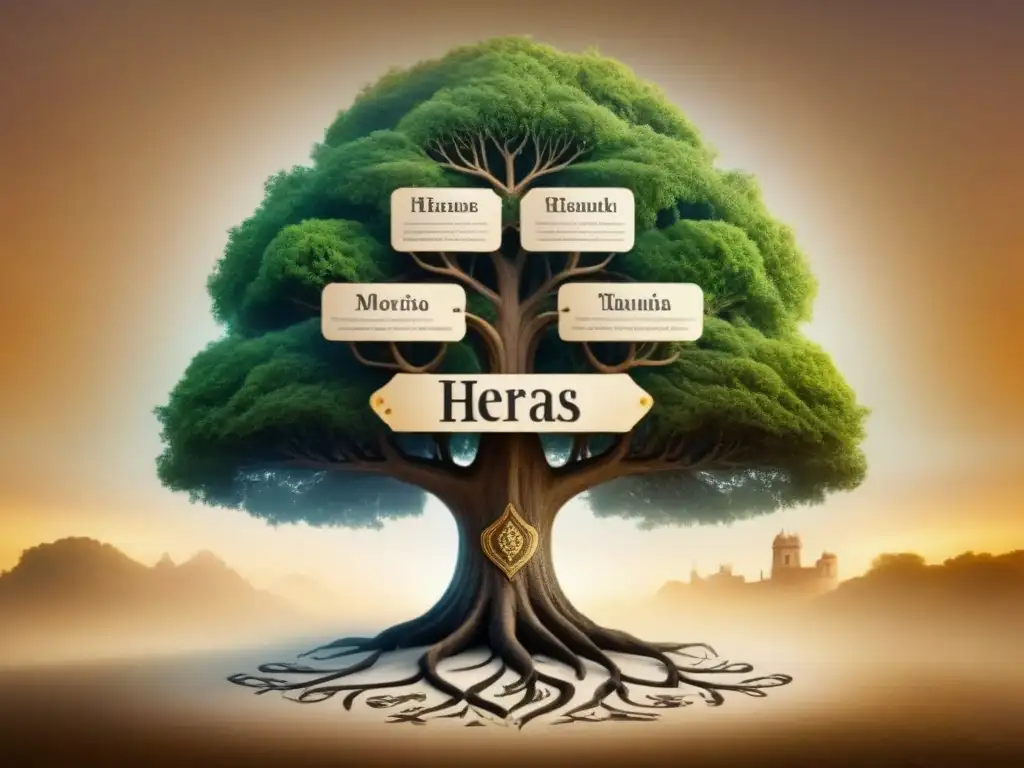 Intrincado árbol genealógico vintage de la familia Heras con evolución del linaje y detalles históricos