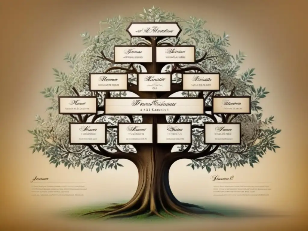 Intrincado árbol genealógico vintage con apellidos con M unieron dinastías en elegante ilustración sepia