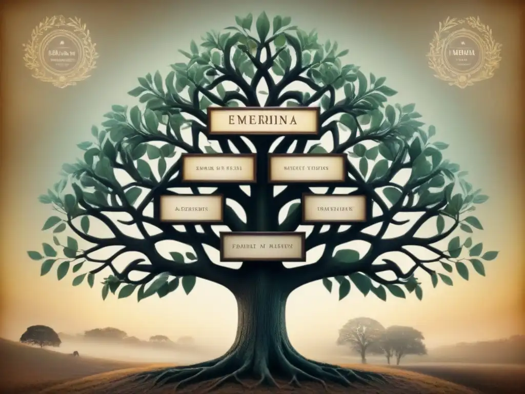 Intrincado árbol genealógico vintage ilustrado con historia de apellidos migración forzada