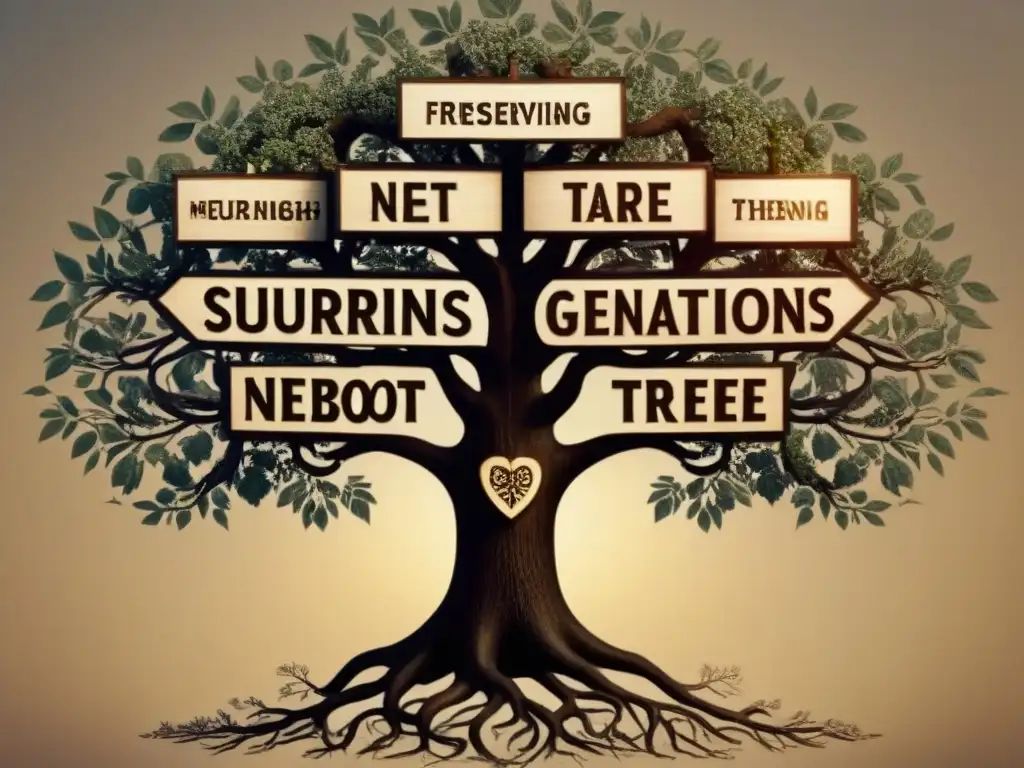 Intrincado árbol genealógico vintage de la evolución del apellido Nebot a través de generaciones, destacando migraciones