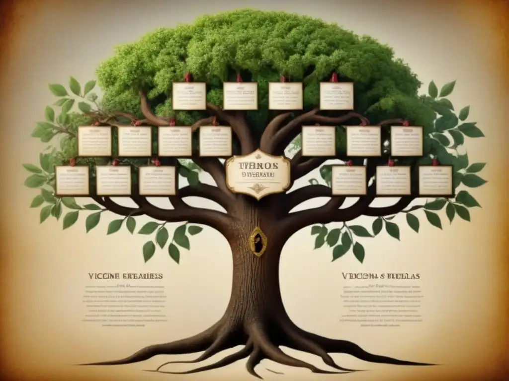 Intrincado árbol genealógico vintage de los apellidos Vicente, Vidal y Velasco, con ramas delicadas que conectan nombres, fechas y retratos ancestrales en una representación detallada y cautivadora de linajes familiares, destacando la historia de los apellidos y la genealogía en un