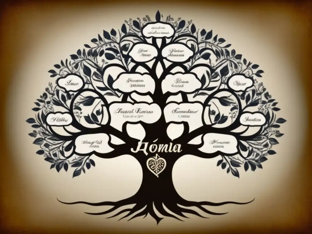 Intrincado árbol genealógico vintage de la familia Acosta, con detalles en caligrafía y motivos botánicos que simbolizan el crecimiento y la herencia