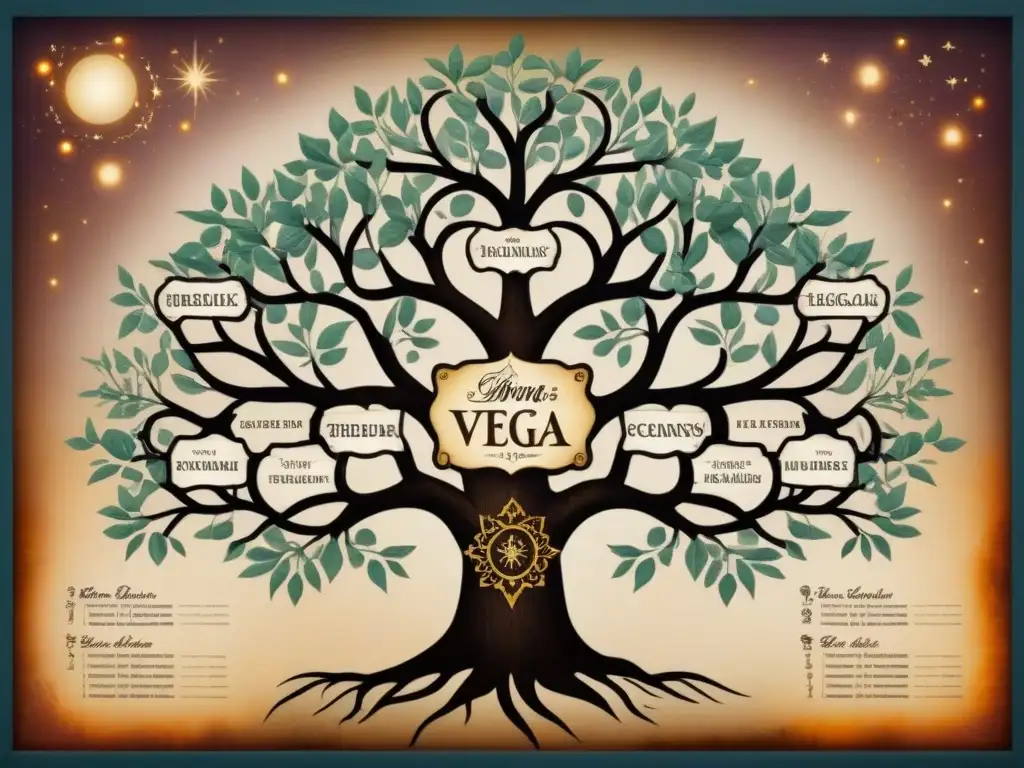 Intrincado árbol genealógico vintage de la familia Vega, con caligrafía detallada y misteriosas conexiones celestiales