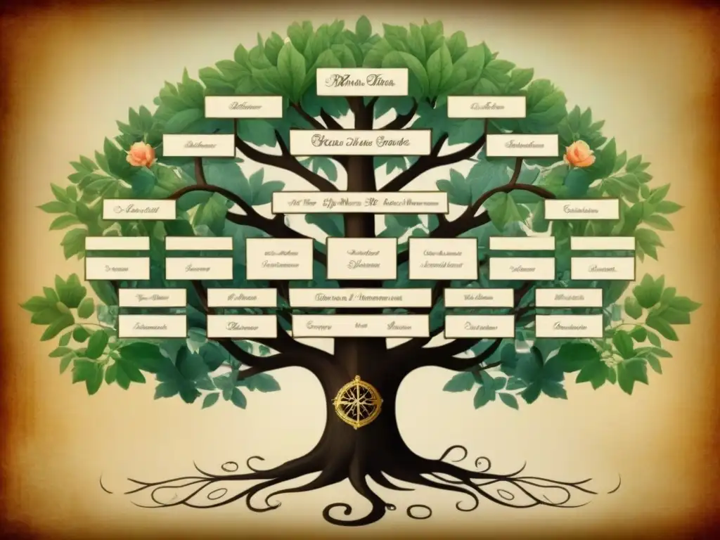 Intrincado árbol genealógico vintage con conexiones de realeza medieval y apellidos comunes en elegante ilustración