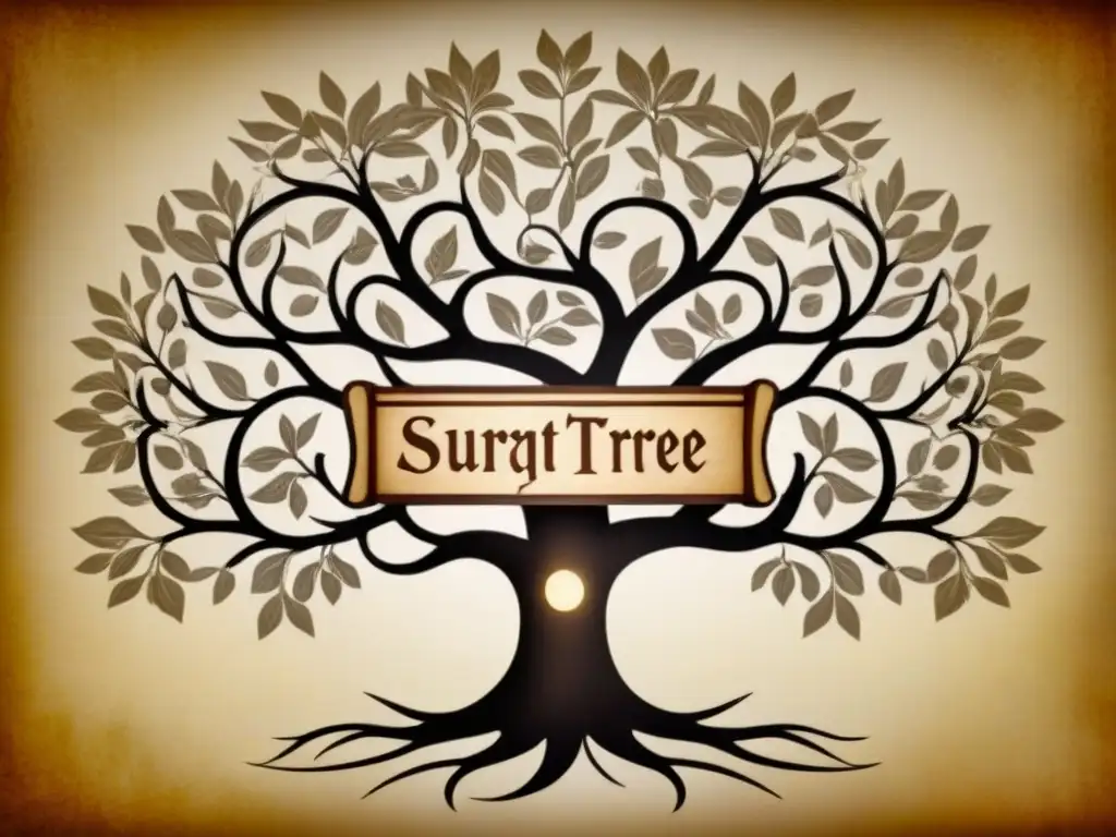 Intrincado árbol genealógico vintage con caligrafía detallada, en tonos sepia