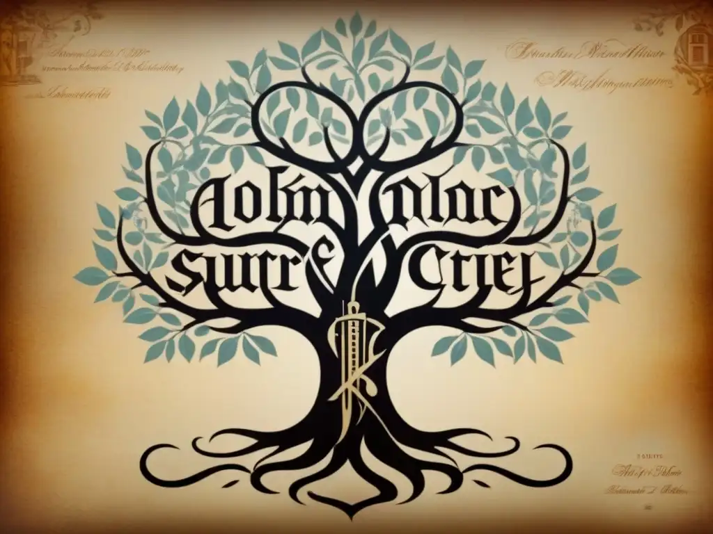 Intrincado árbol genealógico histórico con detalles vintage Intrincado árbol genealógico vintage, con nombres en caligrafía antigua y símbolos de conflictos históricos