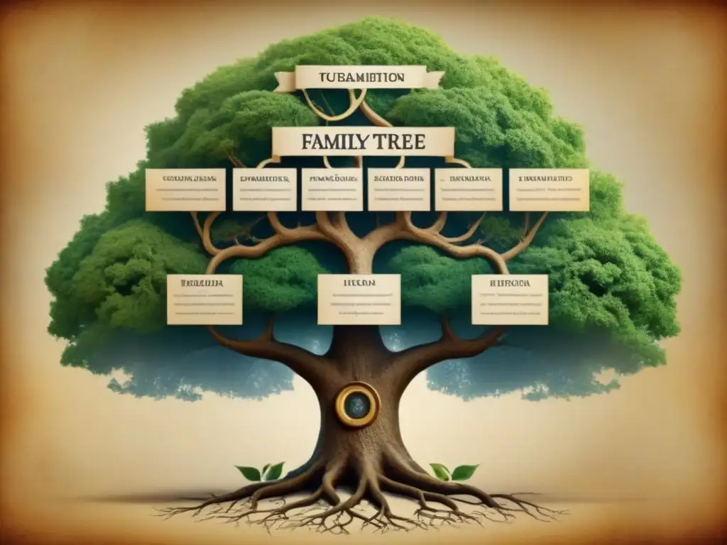 Intrincado árbol genealógico vintage con historia de apellidos y cambios fonéticos en pergamino envejecido