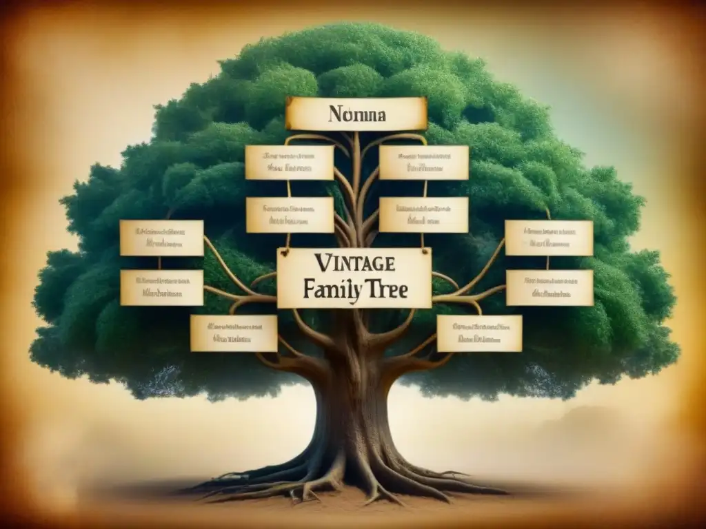 Intrincado árbol genealógico vintage en pergamino, ilustrando disputas familiares y su influencia en la historia política