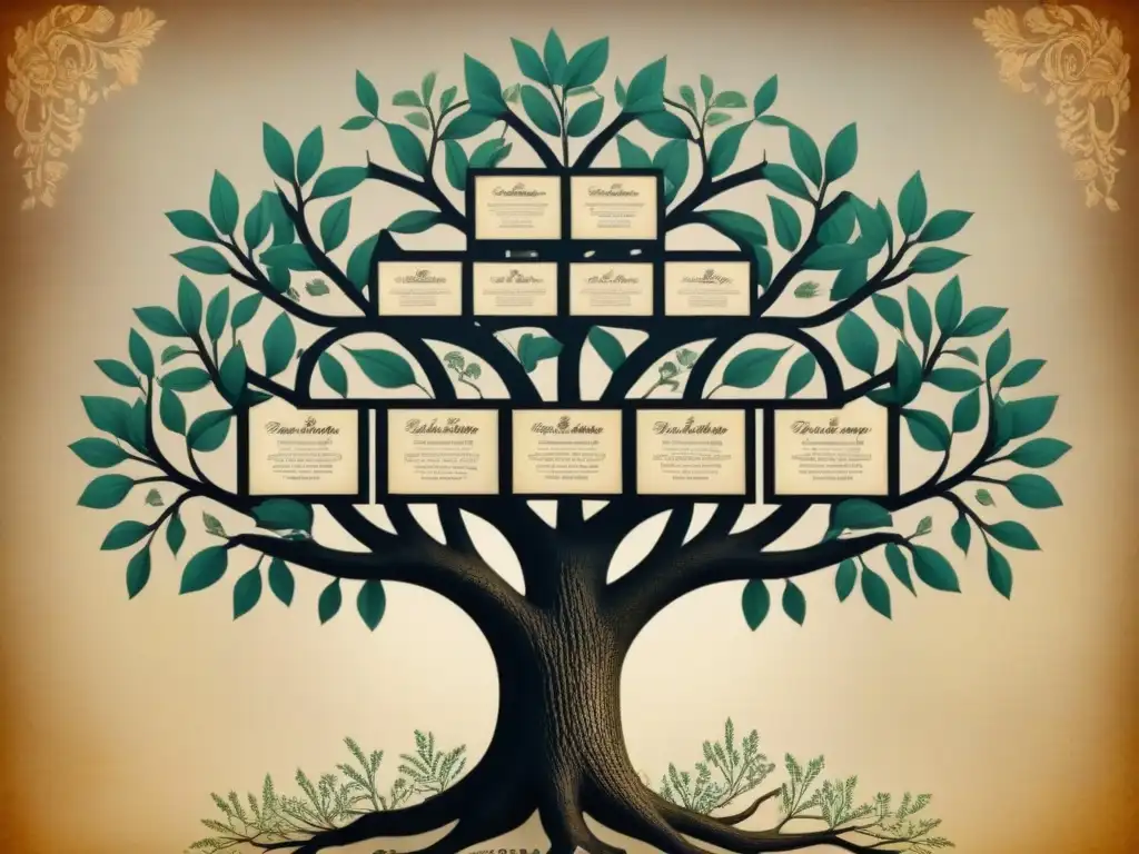 Intrincado árbol genealógico vintage del apellido Domínguez con elegante caligrafía y símbolos históricos