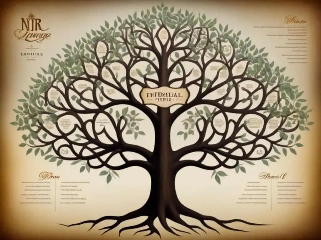 Intrincado árbol genealógico vintage mostrando el impacto de políticas coloniales en las genealogías familiares, con tonos sepia y ramas entrelazadas