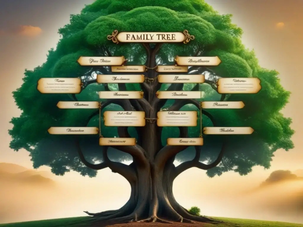 Intrincado árbol genealógico vintage de la familia Ramírez, con ramas ornamentadas que representan la historia del apellido Ramírez