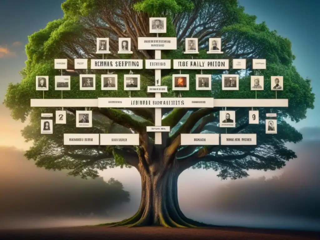 Intrincado árbol genealógico sepia con ramas entrelazadas, historia de apellidos y dispersión política