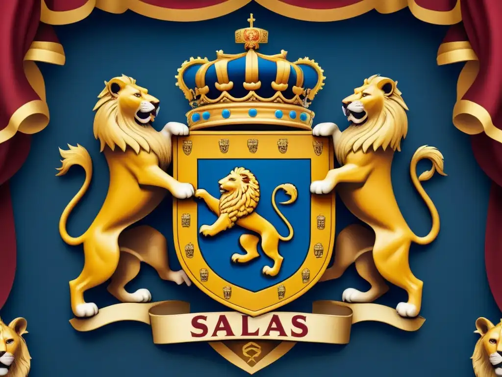 Intrincado escudo de armas ancestral con leones, castillos y símbolos heráldicos, destacando 'Salas'