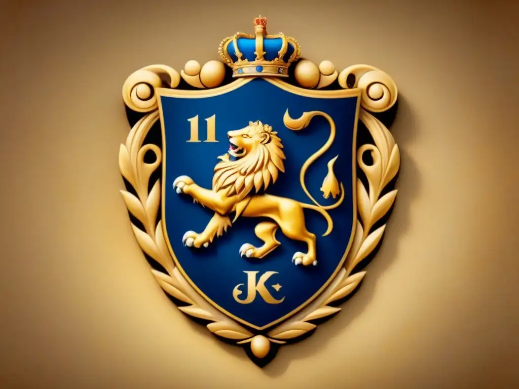 Intrincado escudo de la histórica familia Rothschild: leones, corona y iniciales entrelazadas en pergamino envejecido