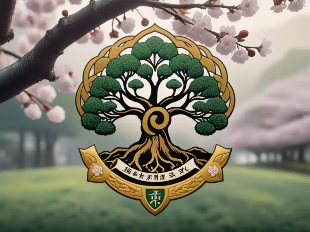 Escudo familiar japonés vintage: árbol estilizado con caracteres y cerezos en flor Intrincado escudo familiar japonés con árbol estilizado y símbolos naturaleza, en tonos tierra y oro
