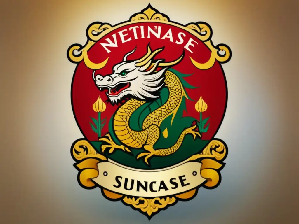 Intrincado escudo familiar vietnamita con dragón majestuoso, flores de loto y bambú en tonos dorados y rojos, simbolizando poder y pureza
