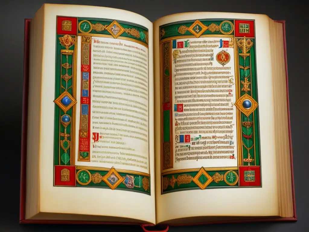 Intrincado manuscrito iluminado con símbolos religiosos medievales y árboles genealógicos de apellidos