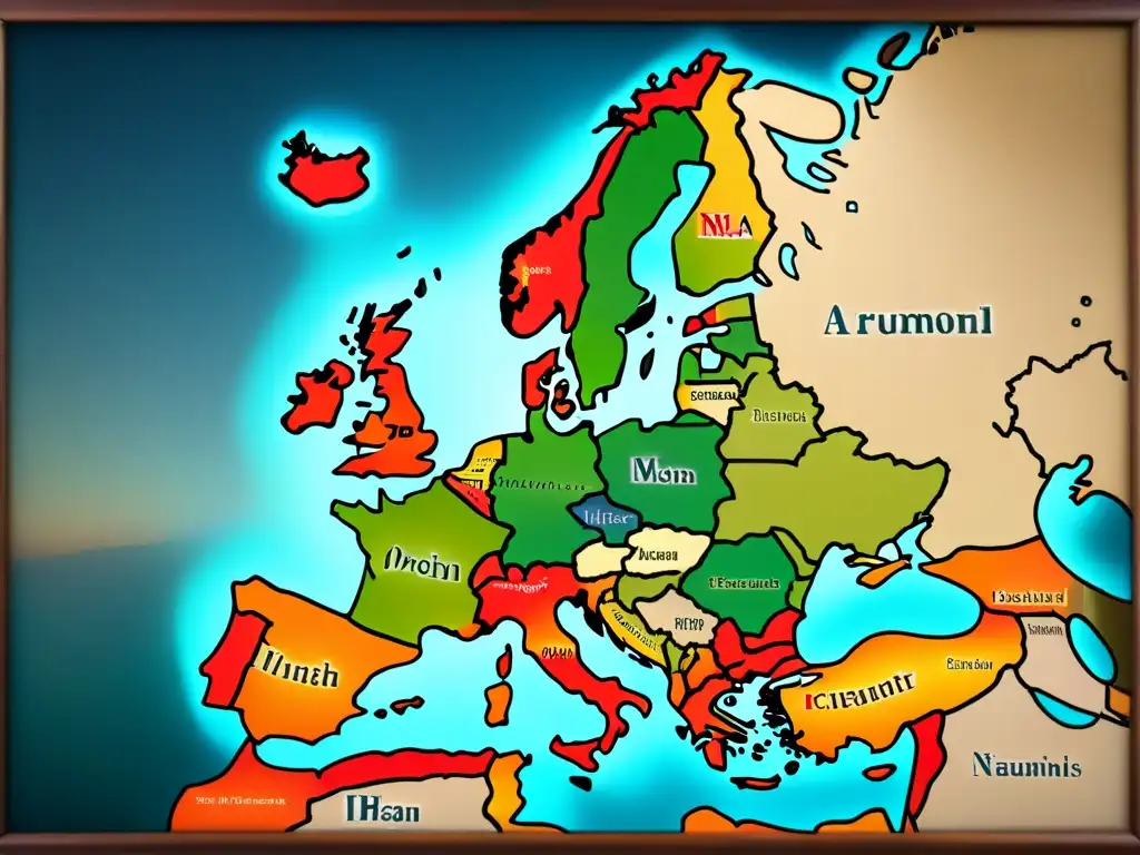 Intrincado mapa vintage de Europa con caligrafía ornamental mostrando Origen apellidos europeos desaparecidos