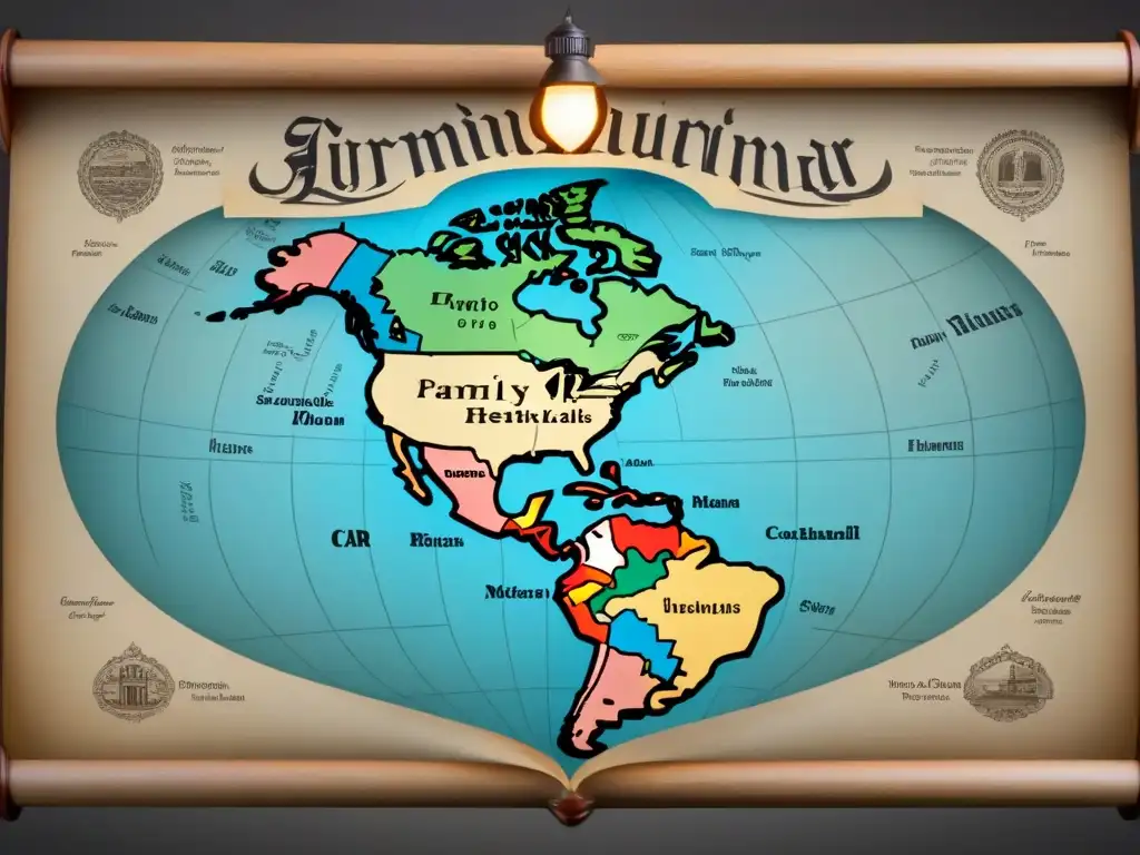 Intrincado mapa vintage de América con caligrafía detallada y escudos de familias, sobre pergamino envejecido