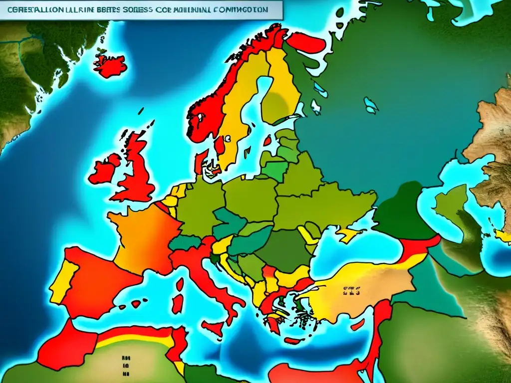 Intrincado mapa vintage de Europa, resaltando conflictos del siglo XX y su impacto en mapas genealógicos