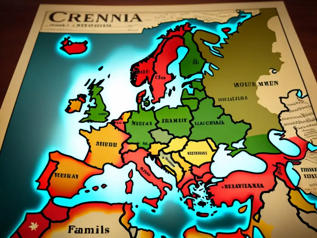 Intrincado mapa vintage de Europa con genealogía noble en tonos sepia