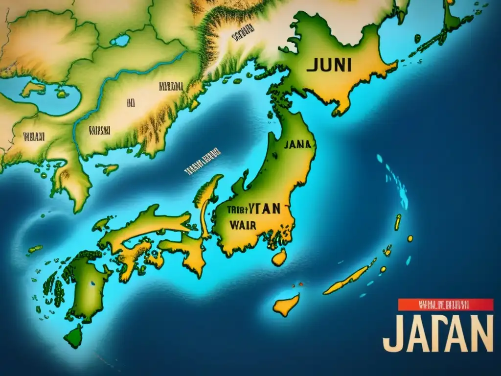 Intrincado mapa vintage de Japón con historia de apellidos japoneses revelada en caligrafía detallada y colores desgastados