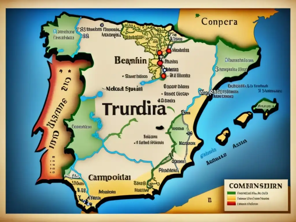 Intrincado mapa vintage de la España medieval, destacando regiones y reinos relevantes para la Historia del apellido Ubeda