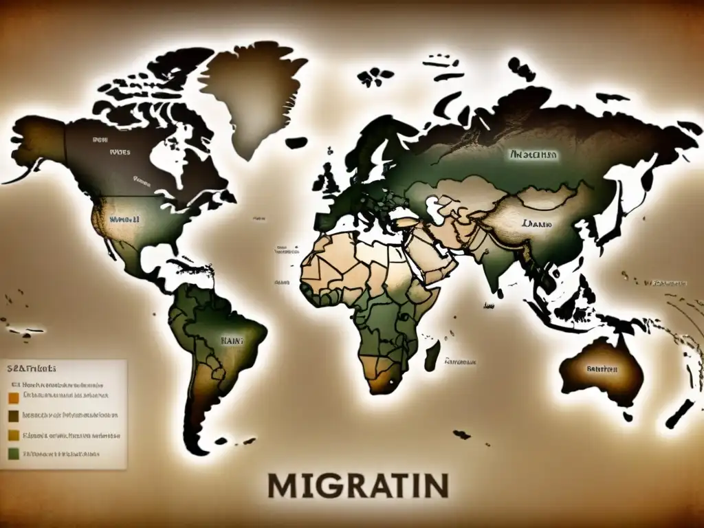 Intrincado mapa vintage del mundo, mostrando patrones de migración de apellidos, en tonos sepia