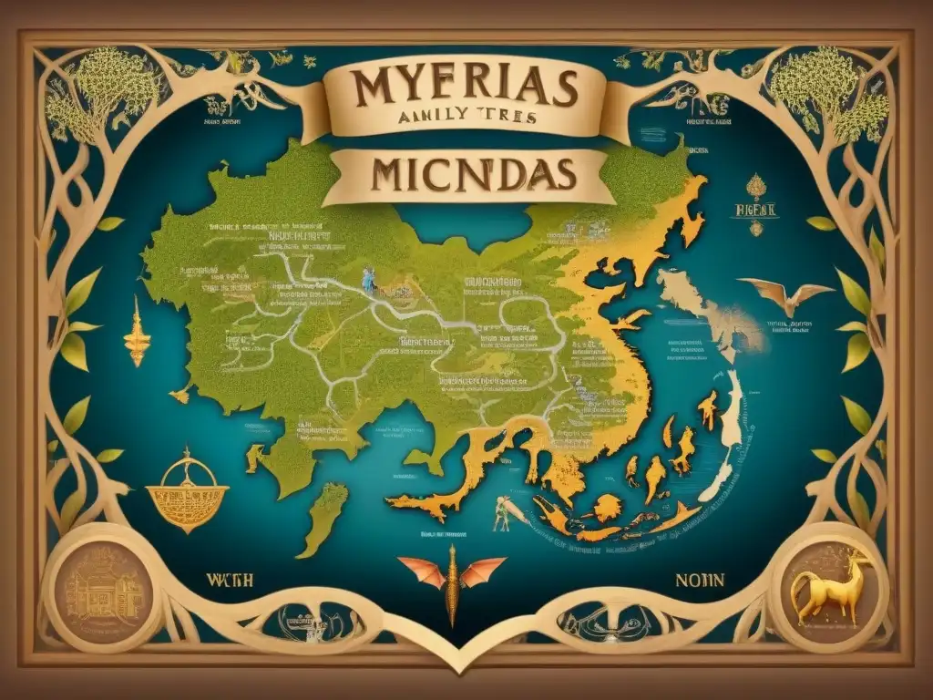 Intrincado mapa vintage con orígenes apellidos inspirados en mitología y criaturas míticas en tonos sepia