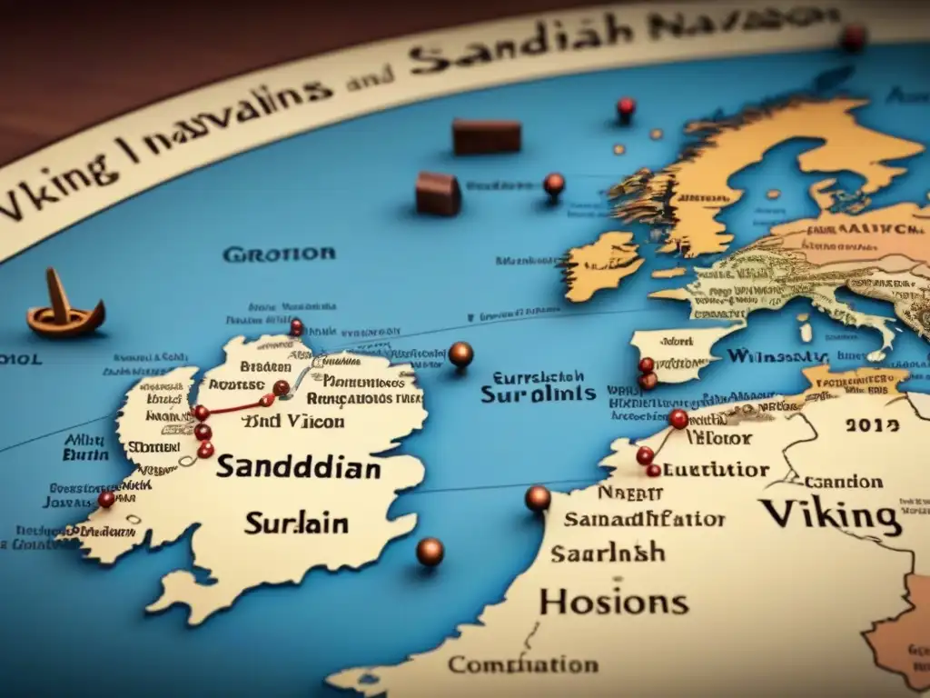 Intrincado mapa vintage de rutas de invasiones vikingas, legado apellidos escandinavos