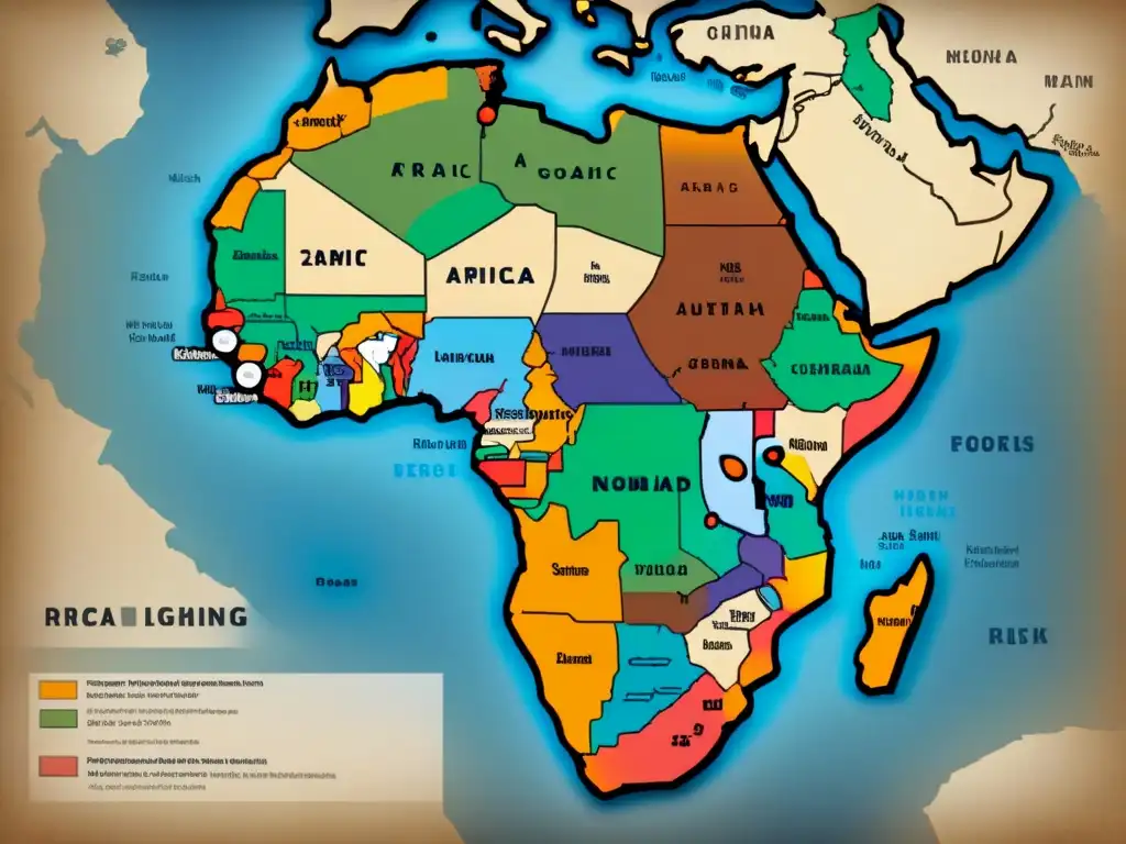 Intrincado mapa vintage de África con rutas nómadas de antiguas tribus, tonos ocres, índigo y sepia, símbolos dibujados a mano y flora del desierto