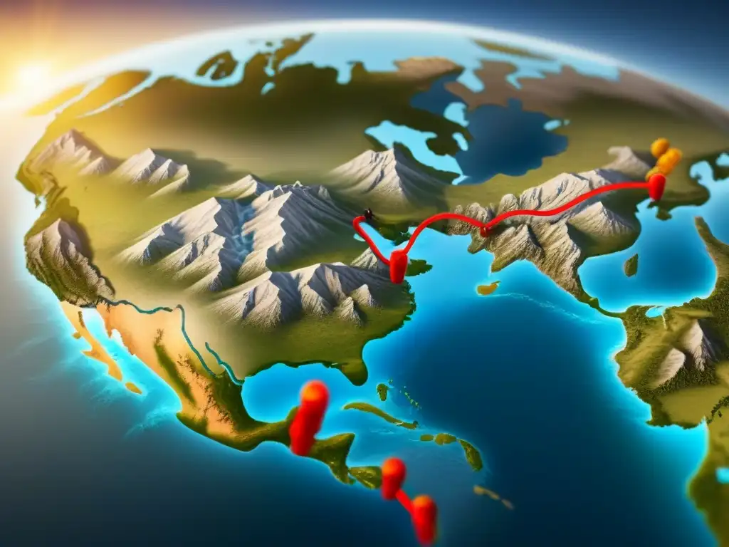 Intrincado mapa vintage con rutas migratorias y escudos de apellidos, ideal para explorar el origen migratorio de tu genealogía