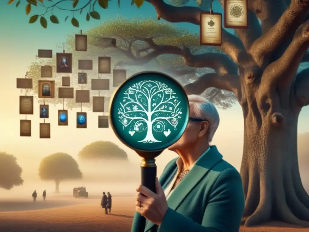 Explorando el árbol genealógico: fusión de historia y tecnología Un investigador examina un árbol genealógico antiguo con toques de redes sociales, fusionando historia y modernidad