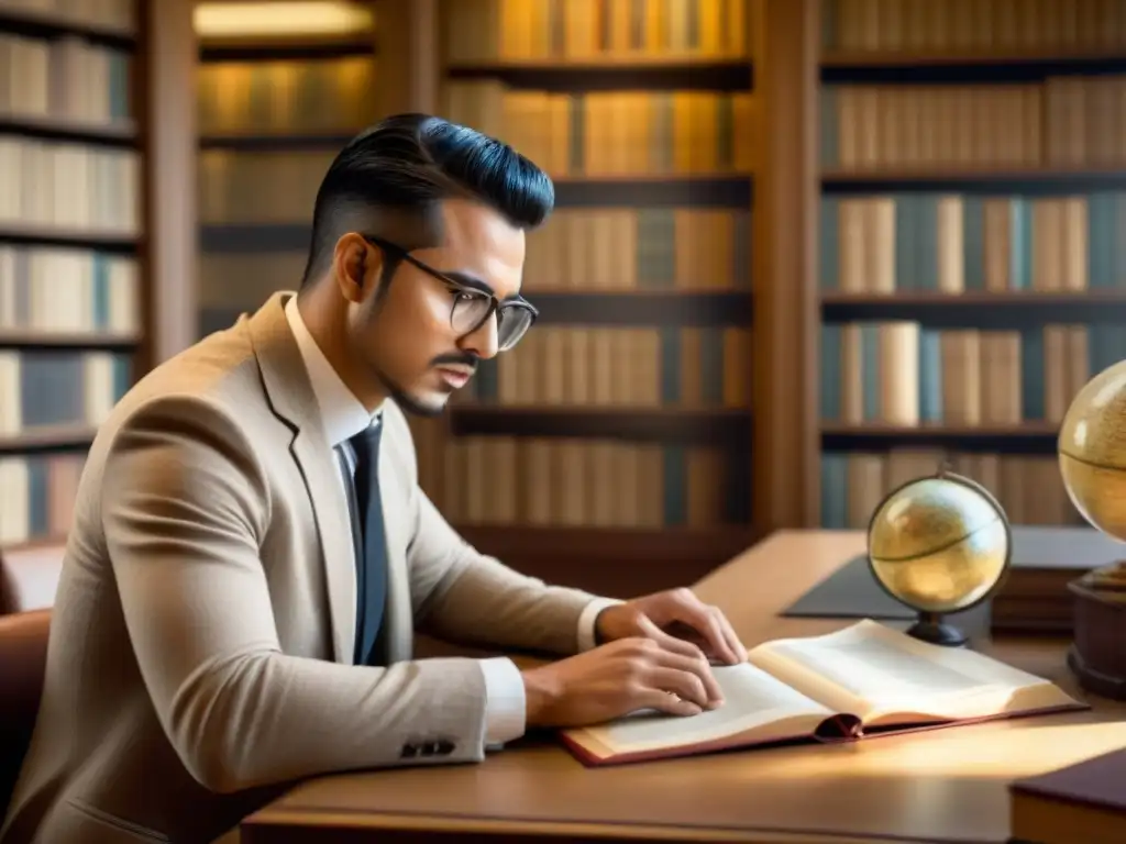 Un investigador busca con dedicación en una biblioteca digital, rodeado de libros antiguos y registros genealógicos