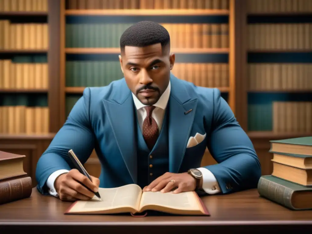 Exploración genealógica en biblioteca antigua Un investigador meticuloso examina antiguos registros familiares en una biblioteca tenue, evocando la exploración histórica