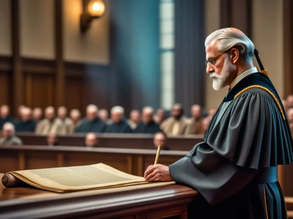 Un juez preside una ceremonia de cambios de nombre en apellidos en un tribunal histórico con una audiencia diversa